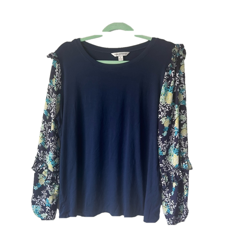 Counterparts Royal Blue Blouse with Semi-Sheer Floral Sleeves in Size XL